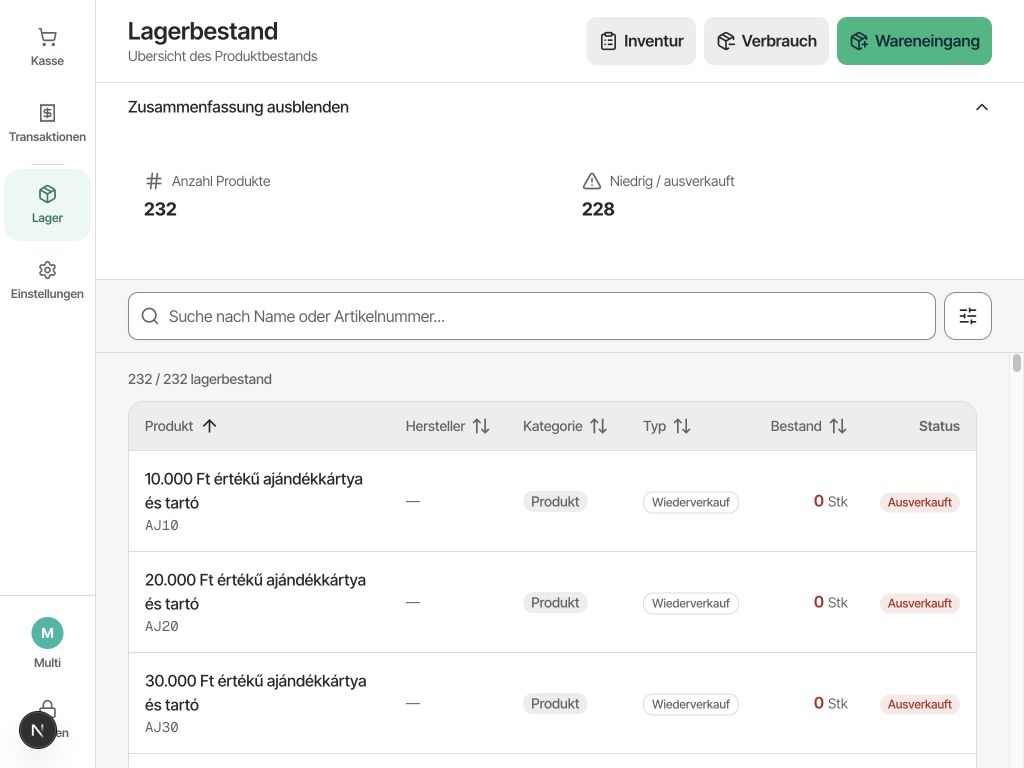 Vendro POS – Bestandsübersicht und Mengen einer Filiale
