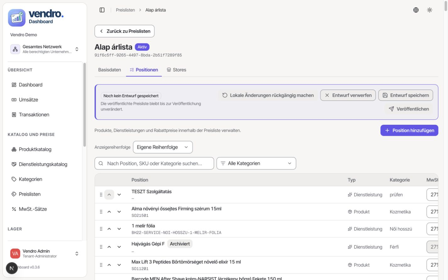 Vendro Dashboard – Preislistenpositionen für Produkte und Dienstleistungen