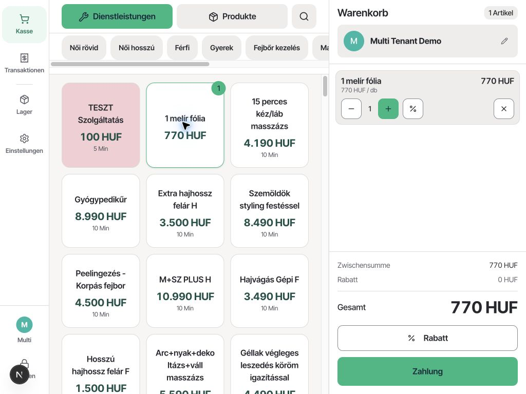 Vendro POS – Produktkatalog und Warenkorb in der Verkaufsansicht