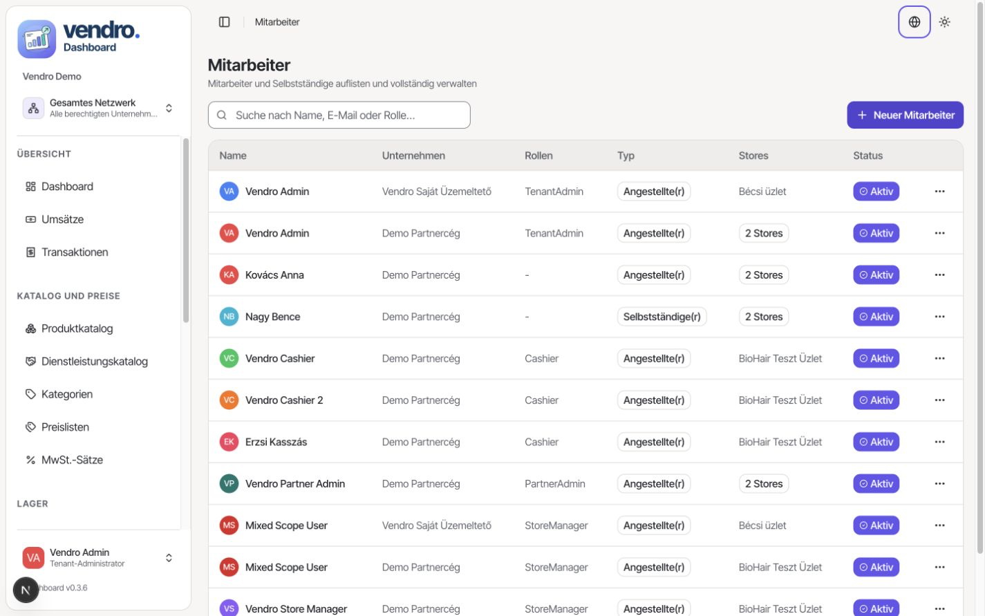 Vendro Dashboard – Mitarbeiterprofile und Filialzuordnungen