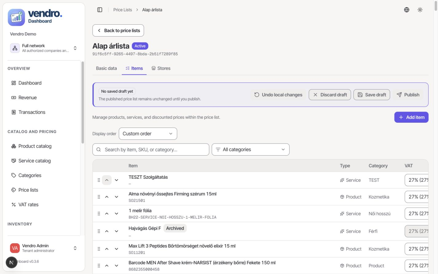Vendro Dashboard – product and service price list items
