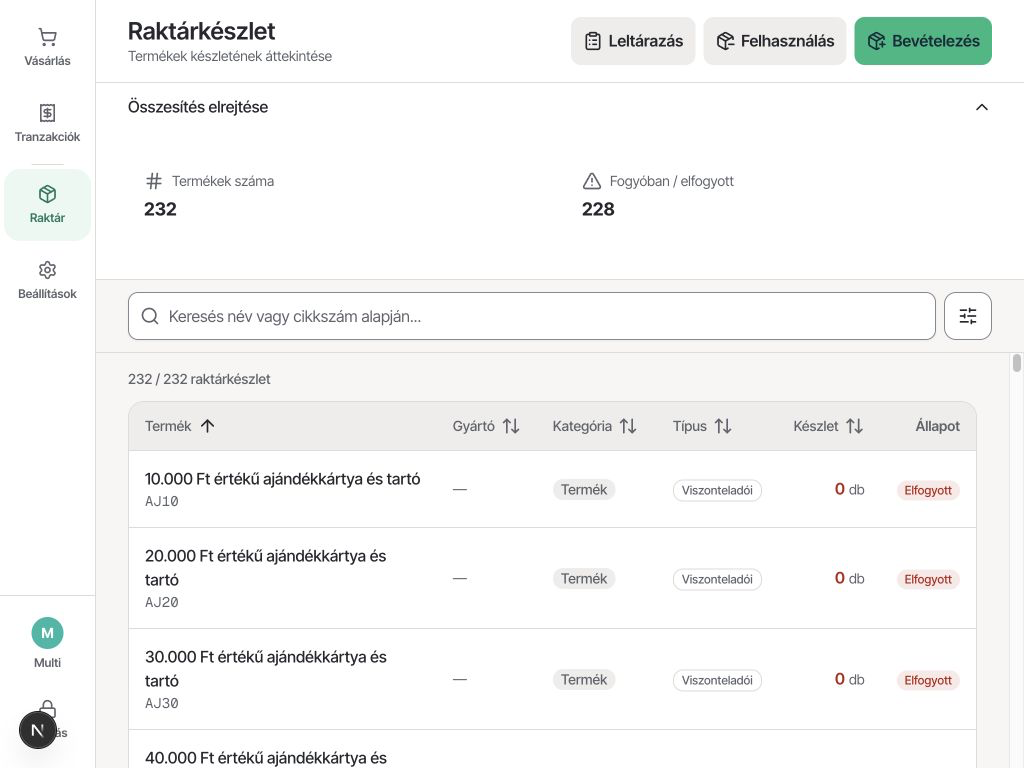 Vendro POS – üzleti készletáttekintés és készletmennyiségek
